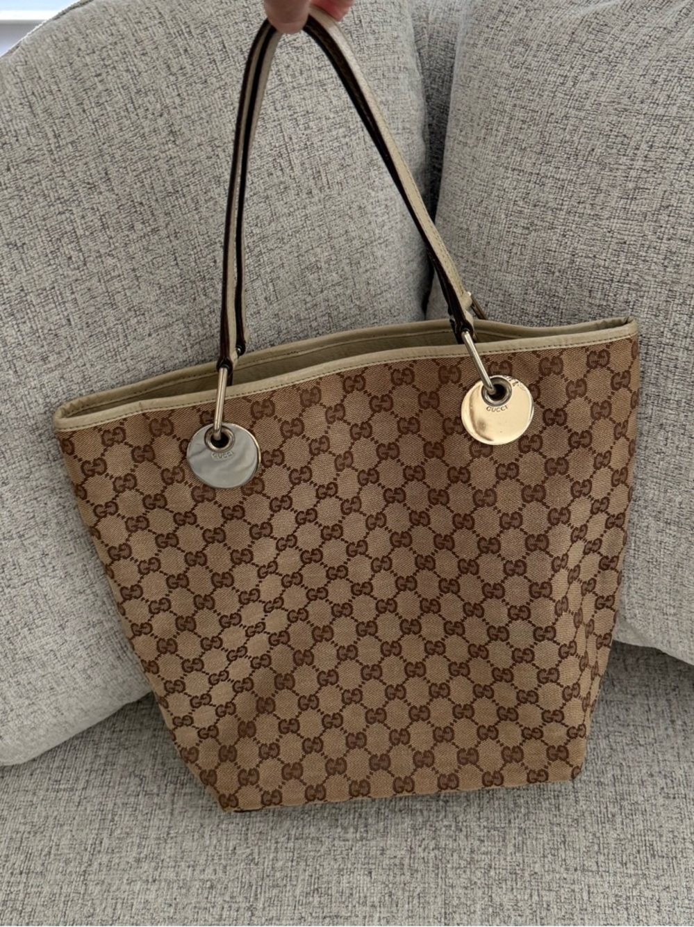 Gucci Beige/Brown GG Canvas Tote with Leather Trim